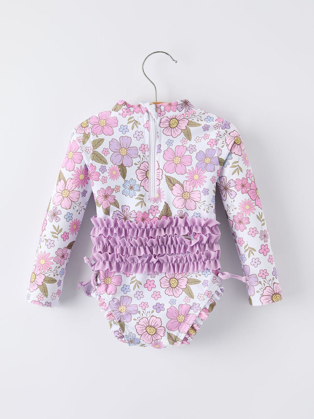 Summer Floral Print Girl Long Sleeve Ruffle One Piece Swimsuit