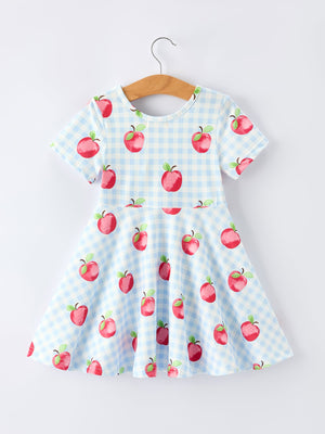 Back to School Apple Plaid Girls Dress Short Sleeve