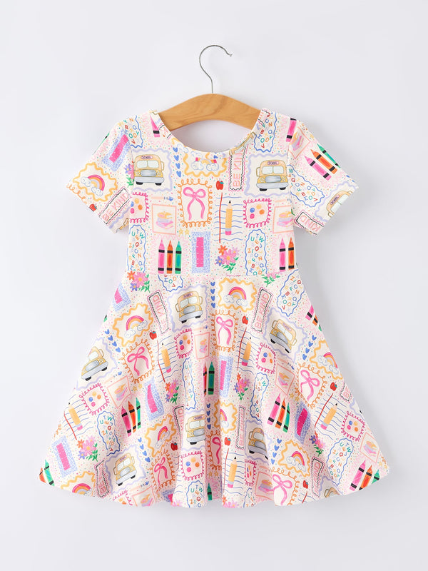 Back to School Rainbow Print Girls Dress Short Sleeve