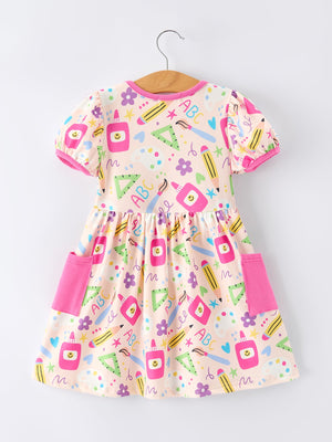 Back to School Print Girls Dress Short Sleeve Pocket