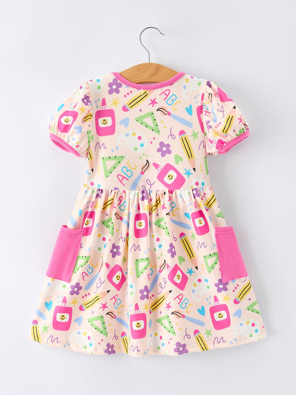 Back to School Print Girls Dress Short Sleeve Pocket