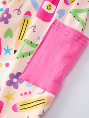Back to School Print Girls Dress Short Sleeve Pocket