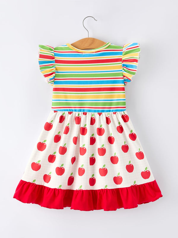Back to School Apple Stripe Girls Ruffle Dress