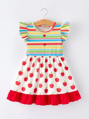 Back to School Apple Stripe Girls Ruffle Dress