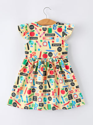 Back to School Alphabet Number Girls Dress Ruffle Sleeve