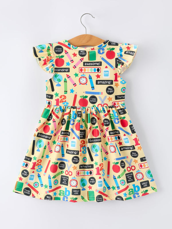 Back to School Alphabet Number Girls Dress Ruffle Sleeve