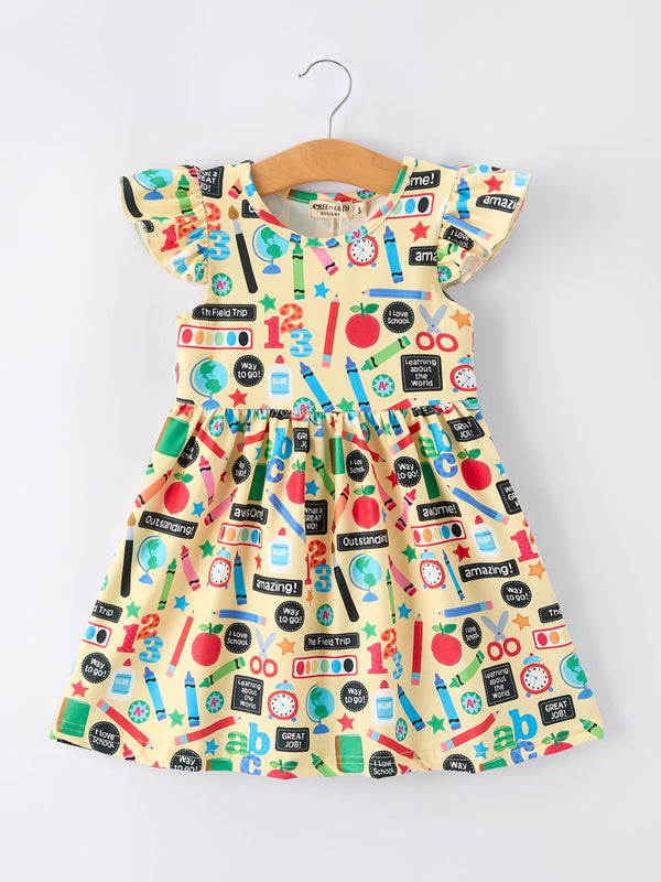 Back to School Alphabet Number Girls Dress Ruffle Sleeve