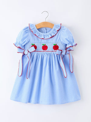 Back To School Apple Plaid Girls Dress Smocked Puff Sleeve Bow