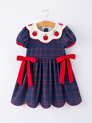 Back To School Apple Plaid Girls Dress Scallop Hem Bow