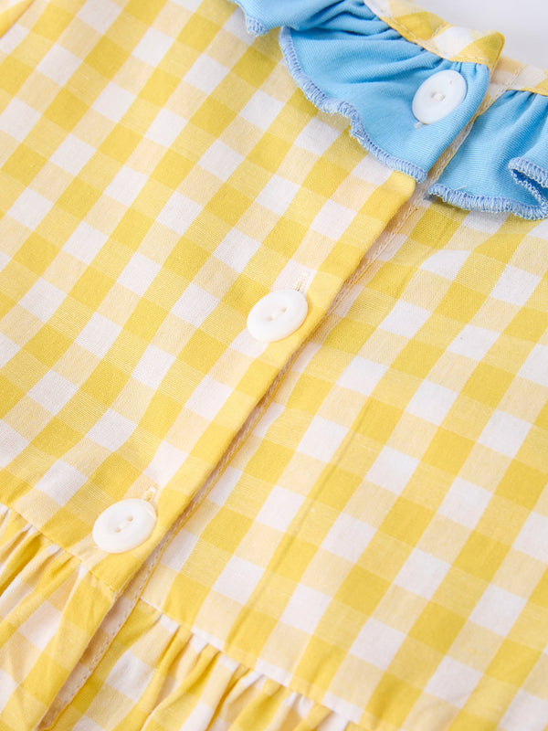 Back To School School Bus Plaid Girls Dress Ruffle Collar Bow