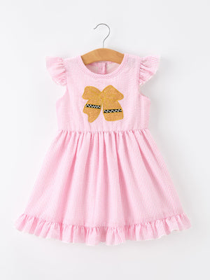 Girls Back To School Bow Twirl Dress Ruffle Applique Pink