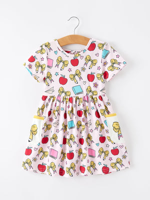 Girls Back To School Apple Bow Pocket Twirl Dress