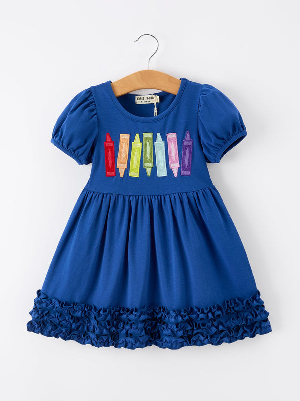 Girls Back To School Crayon Twirl Dress Ruffle Applique