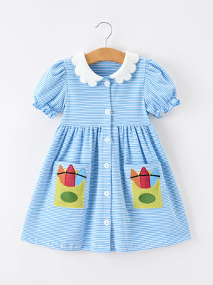 Girls Back To School Pencil Dress Petals Collar Pocket Applique