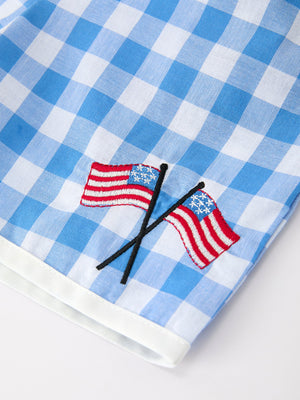 Girls 4th of July Plaid Outfit Set Flag Embroidery Peter Pan Collar