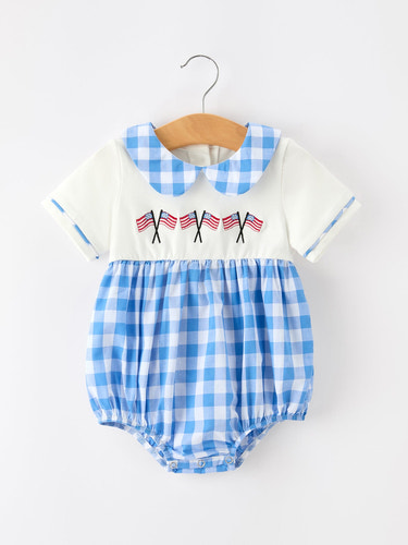 Boys 4th of July Plaid Romper Embroidery Petals Collar