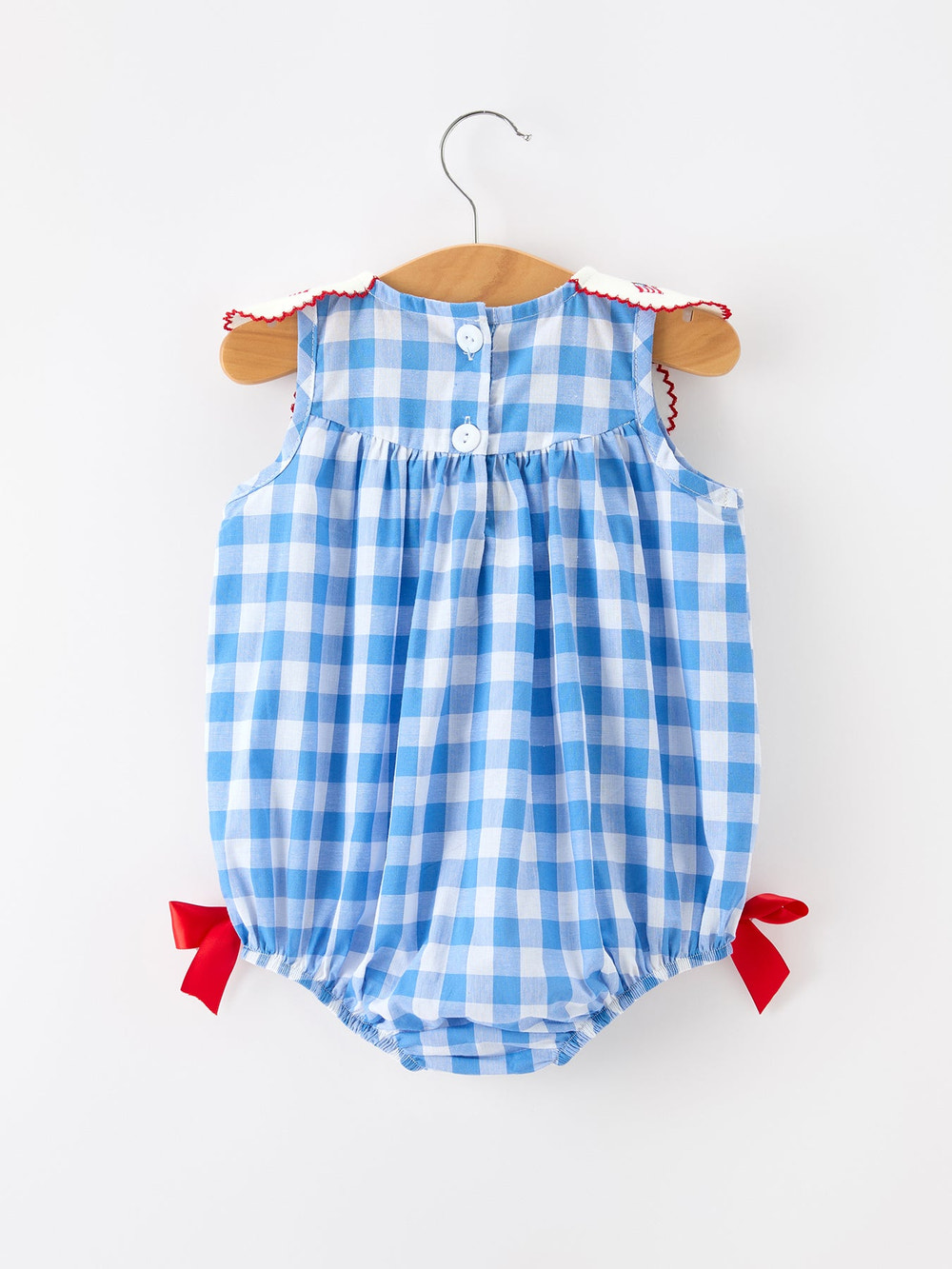Girls 4th of July Plaid Romper Bow Embroidery Petals Collar