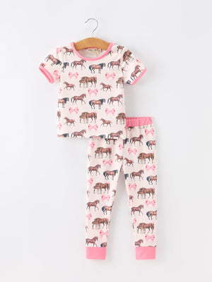 Girls Western Horse Bow Pajamas Set Print