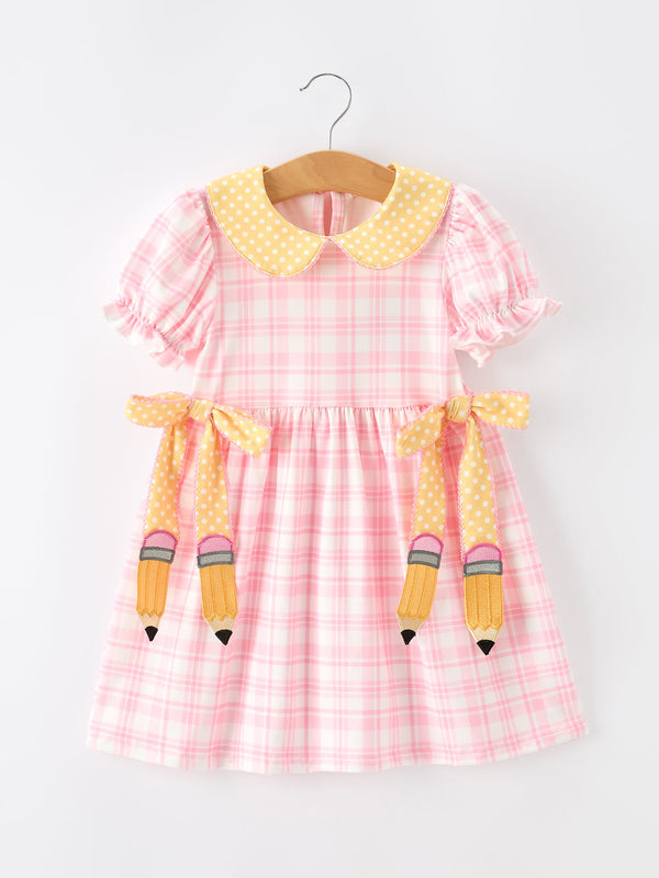 Girls Back To School Pencil Plaid Twirl Dress Bow Petals Collar