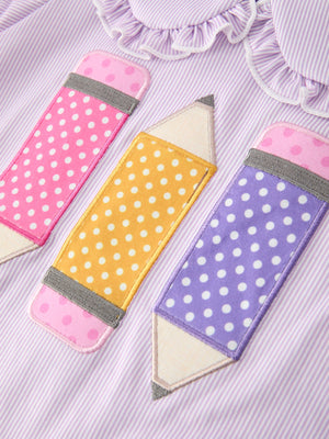 Back To School Pencil Applique Girls Purple Dress Petals Collar Ruffle