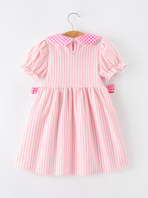 Girls Back To School Pink Plaid Petals Collar Pencil Applique Dress