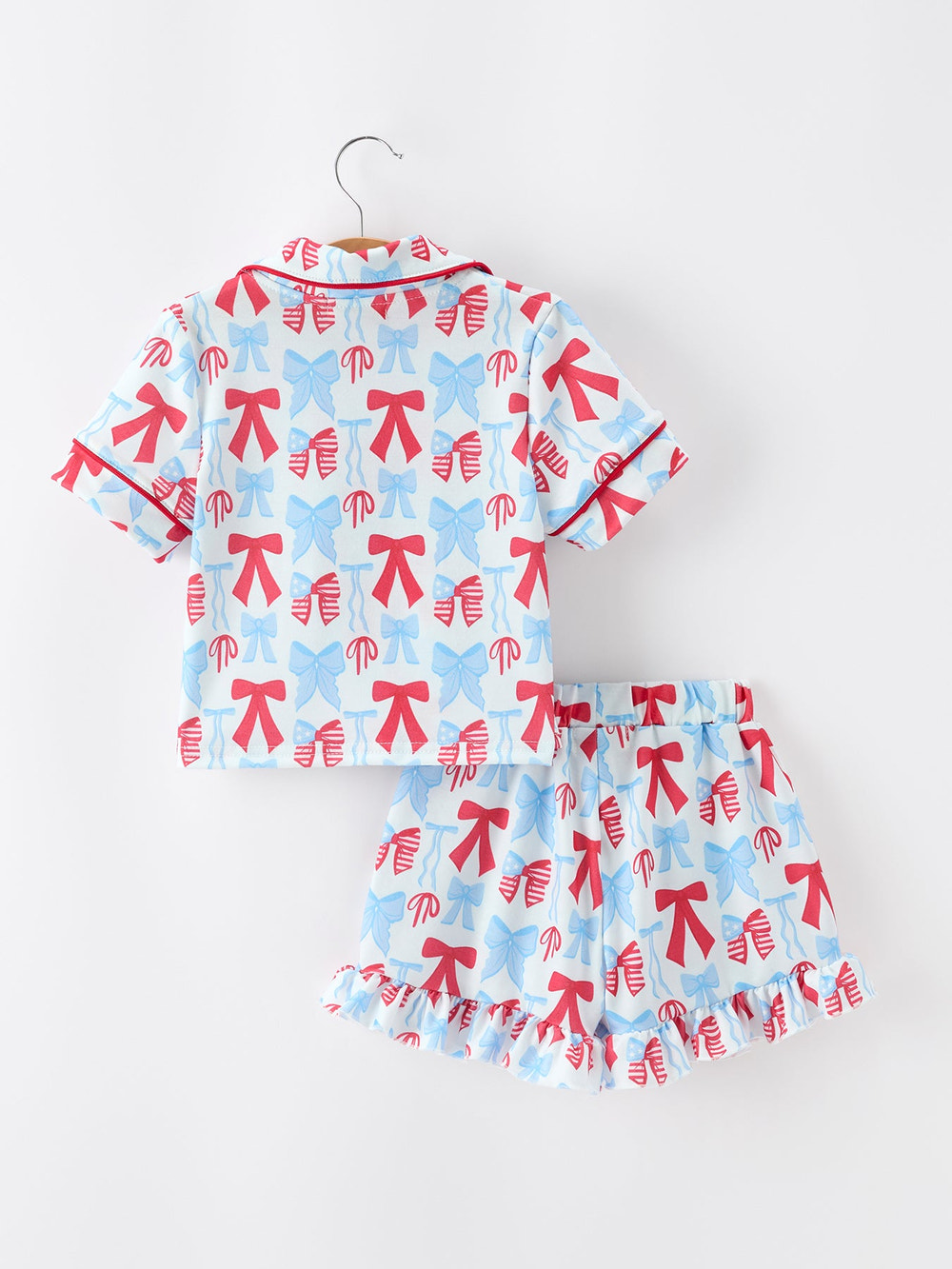 4th of July Bow Girls Pajama Set Short Sleeve Ruffle Shorts