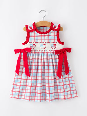 4th of July Plaid Flag Heart Girl Dress With Bow