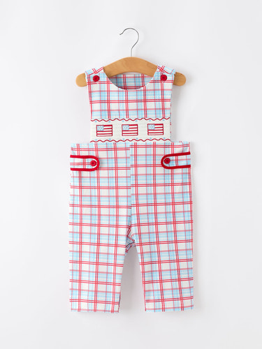 4th of July Plaid Boys Romper Smocked Flag Button Strap