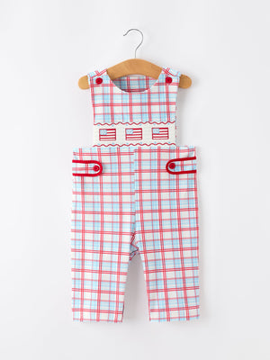 4th of July Plaid Boys Romper Smocked Flag Button Strap