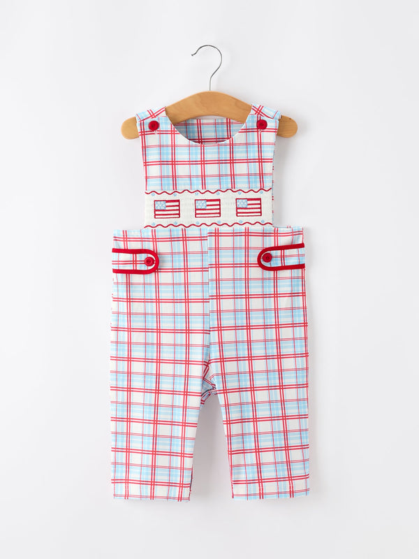 4th of July Plaid Boys Romper Smocked Flag Button Strap