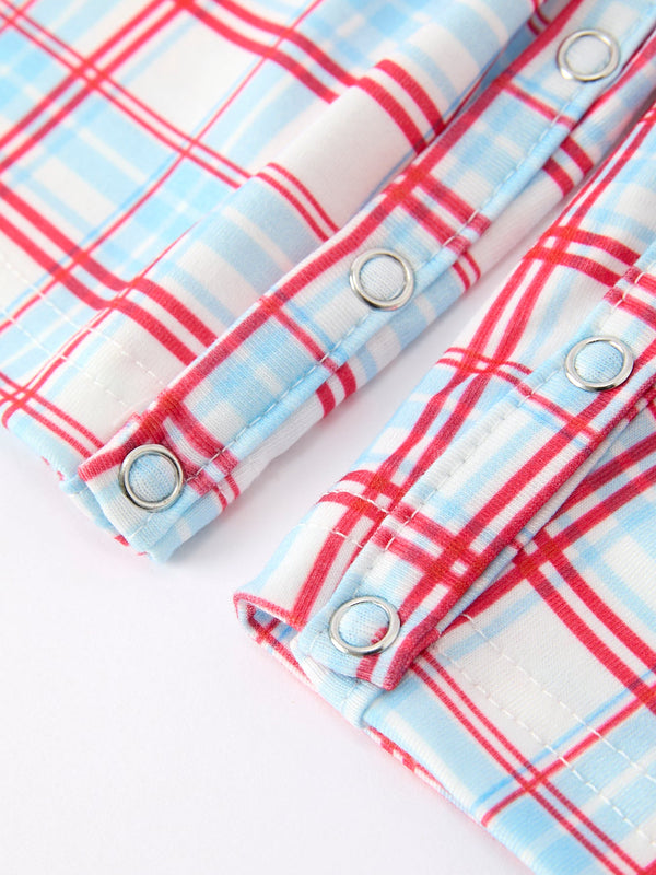 4th of July Plaid Boys Romper Smocked Flag Button Strap