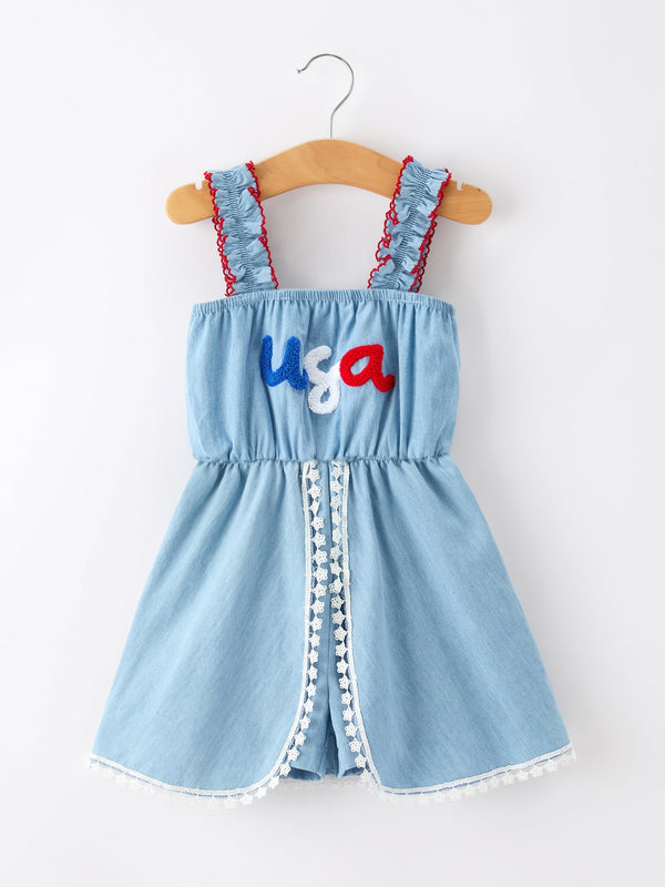 4th of July USA Chenille Girls Romper Dress Denim Lace Trim