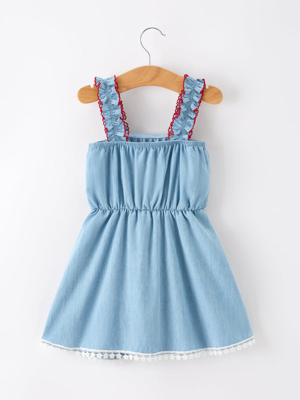 4th of July USA Chenille Girls Romper Dress Denim Lace Trim