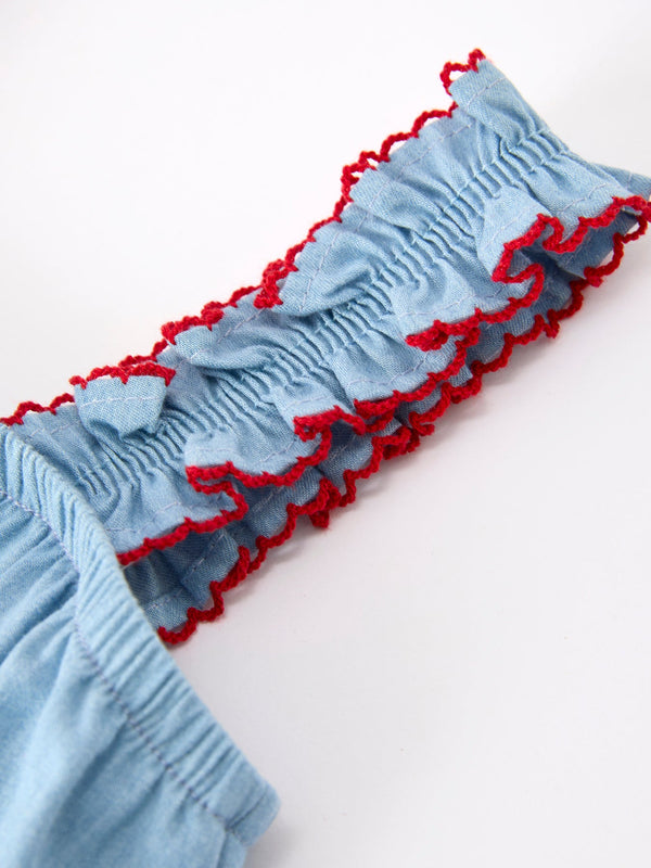 4th of July USA Chenille Girls Romper Dress Denim Lace Trim