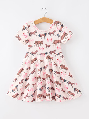 Girls Western Horse Print Twirl Dress Short Sleeve
