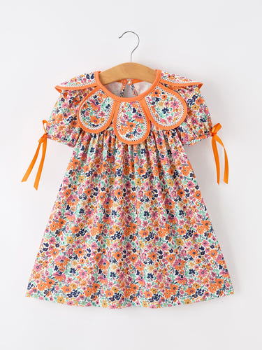 Orange Floral Bow Petals Collar Girls Dress