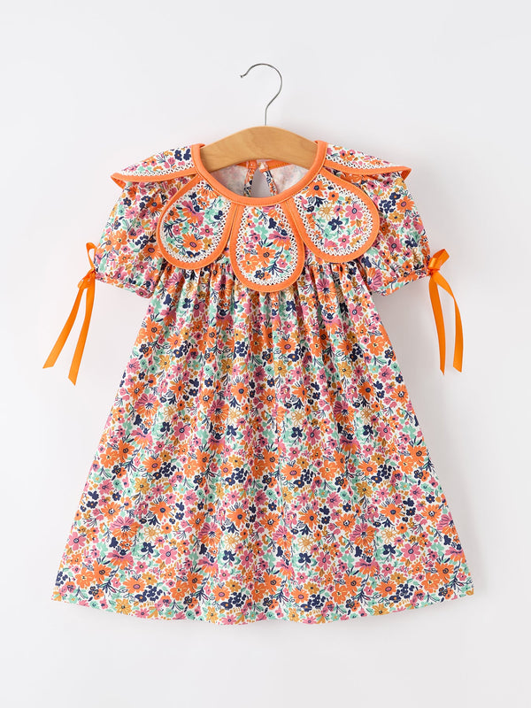 Orange Floral Bow Petals Collar Girls Dress