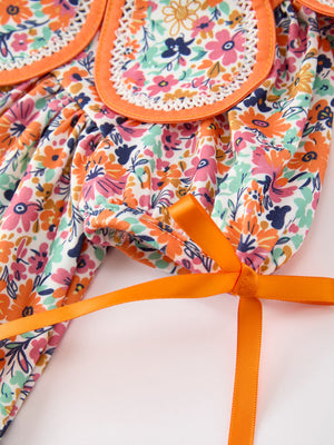 Orange Floral Bow Petals Collar Girls Dress