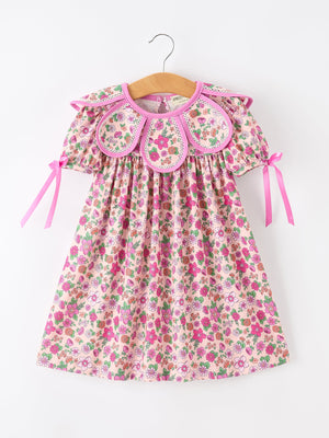 Pink Floral Bow Petals Collar Girls Dress