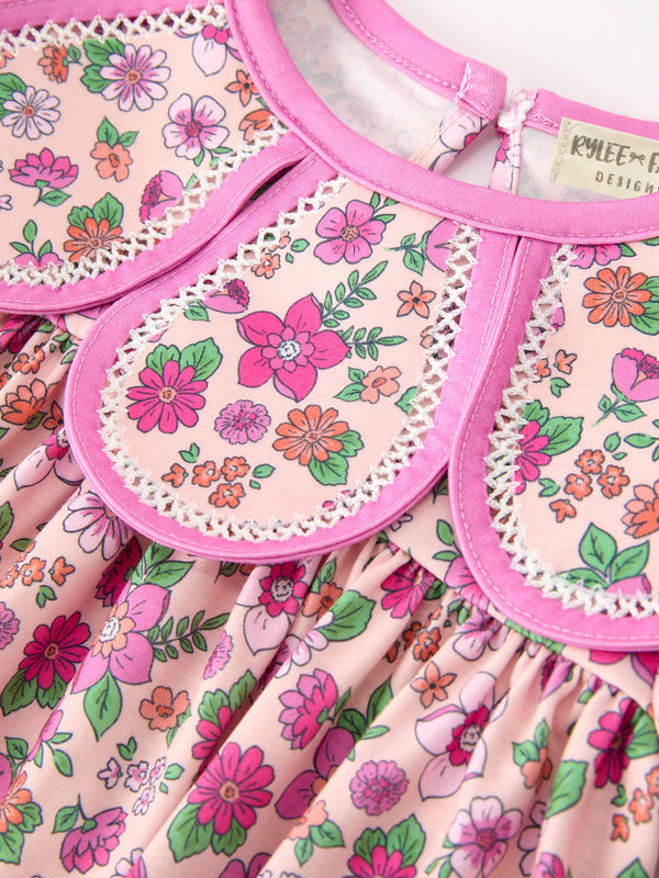 Pink Floral Bow Petals Collar Girls Dress