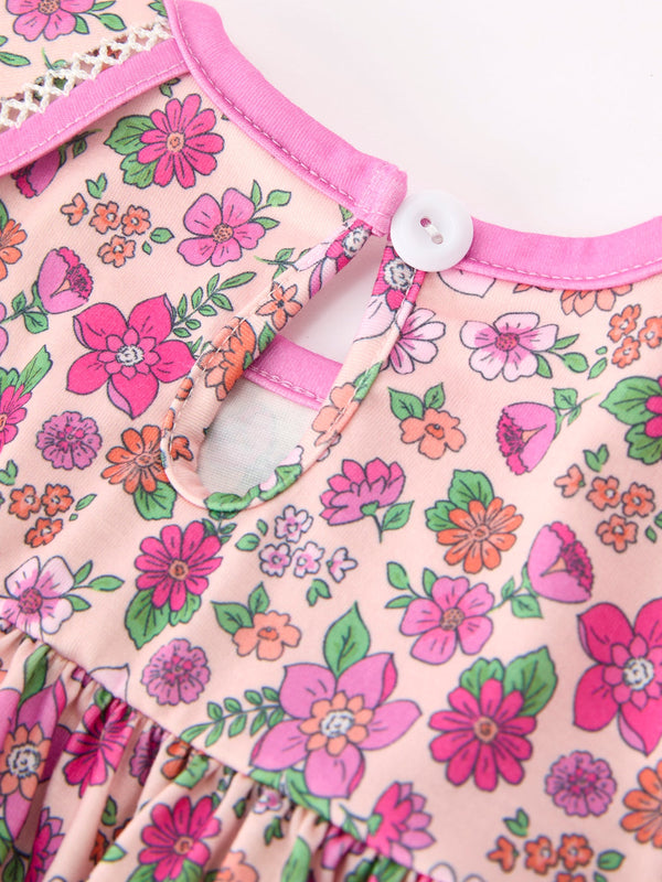 Pink Floral Bow Petals Collar Girls Dress