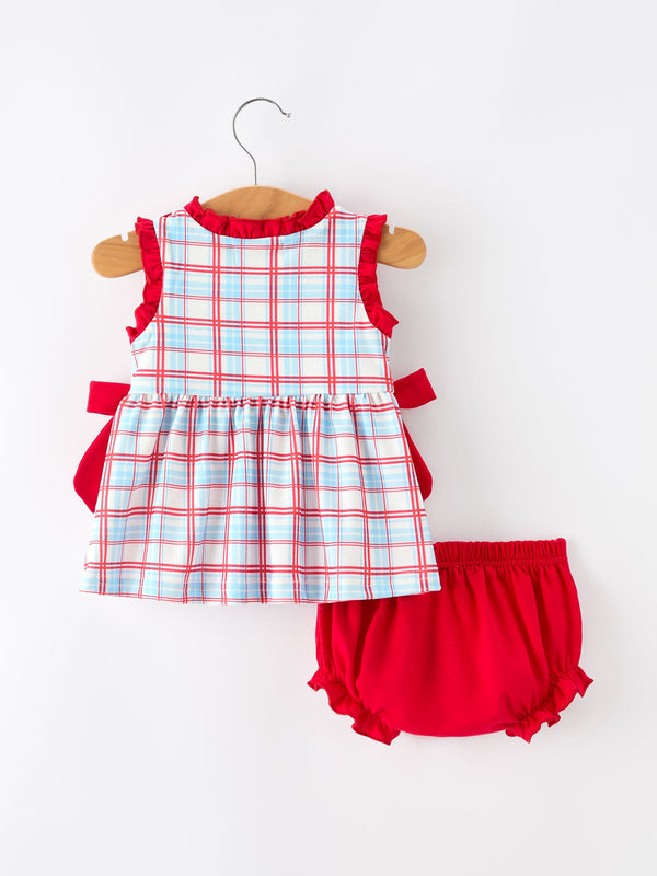 4th of July Plaid Bow Girls Set Smocked Puff Sleeve Top Bloomer