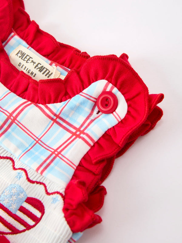 4th of July Plaid Bow Girls Set Smocked Puff Sleeve Top Bloomer