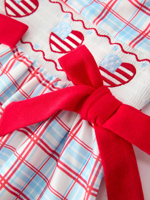 4th of July Plaid Bow Girls Set Smocked Puff Sleeve Top Bloomer