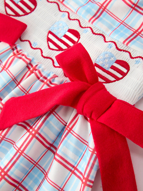 4th of July Plaid Bow Girls Set Smocked Puff Sleeve Top Bloomer