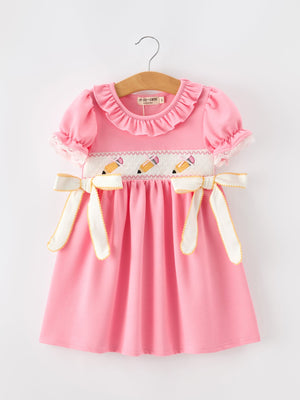 Back To School Embroidery Girls Dress Bow Ruffle Puff Sleeve