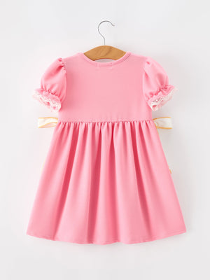 Back To School Embroidery Girls Dress Bow Ruffle Puff Sleeve