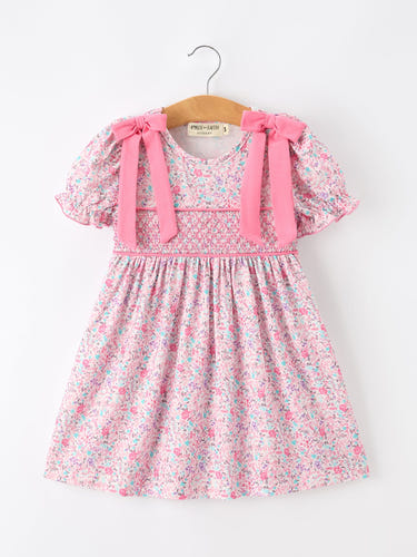 Pink Bow Smocked Floral Girl Dress