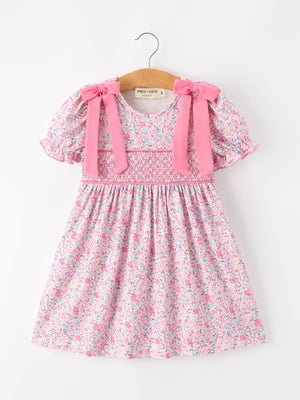 Pink Bow Smocked Floral Girl Dress