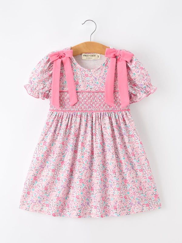 Pink Bow Smocked Floral Girl Dress